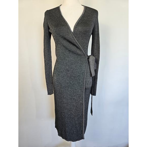 Diane von Furstenberg Grey/Silver Wool-Blend Wrap Midi Dress Sz XS/S - Picture 1 of 5
